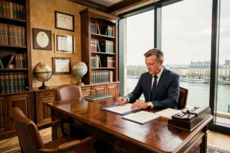 Conseiller en gestion de patrimoine dans un bureau élégant à Bordeaux avec vue sur la Garonne
