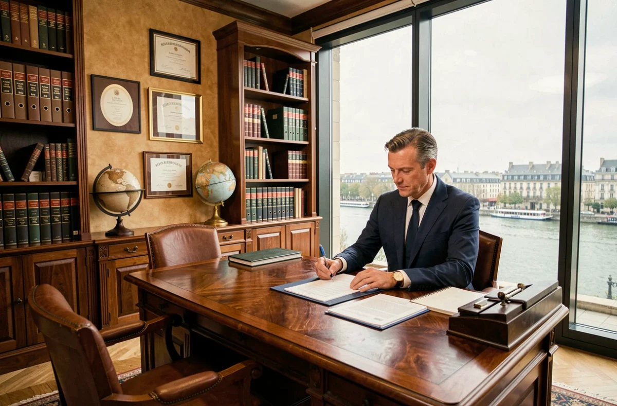Conseiller en gestion de patrimoine dans un bureau élégant à Bordeaux avec vue sur la Garonne