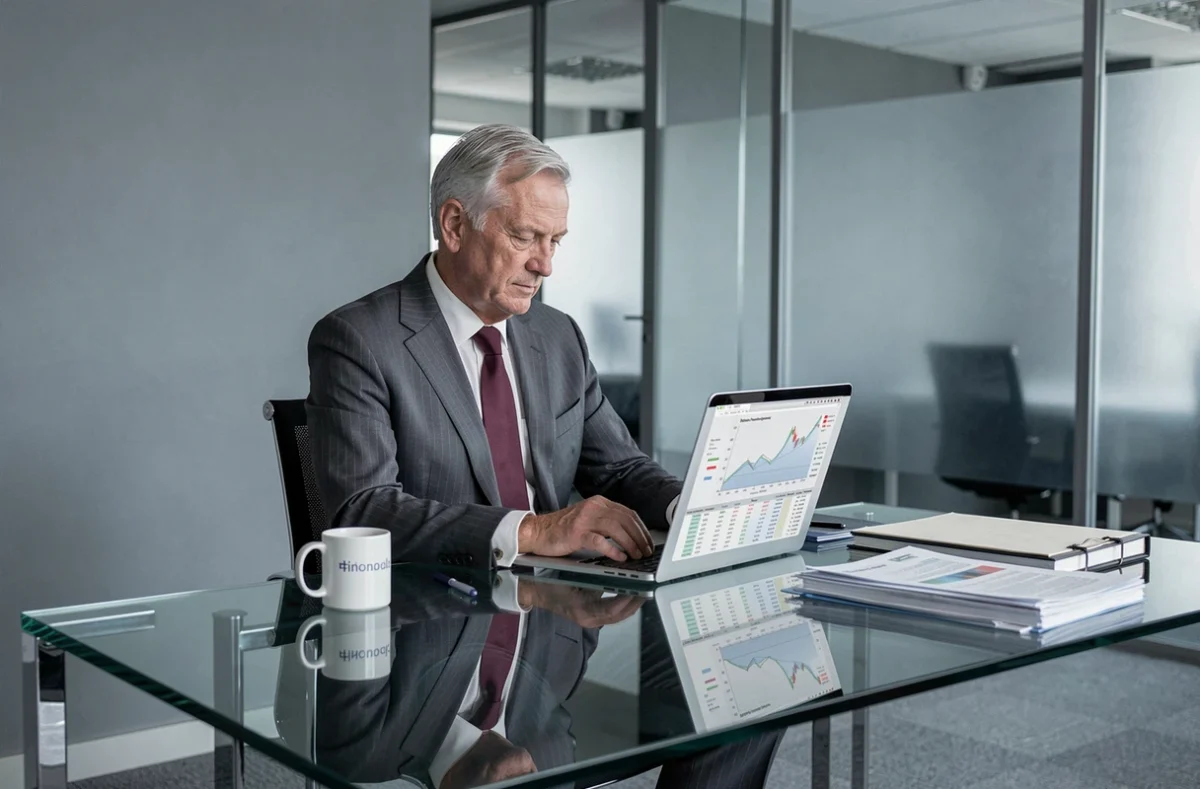 Consultant économiste senior au bureau moderne devant un ordinateur affichant des graphiques financiers dans un cabinet parisien