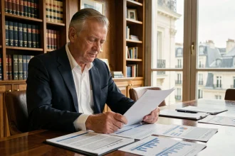 Homme d'affaires senior consultant économiste en costume sombre assis à une table de conférence avec des rapports financiers à Paris