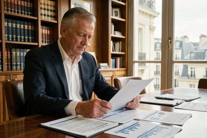 Homme d'affaires senior consultant économiste en costume sombre assis à une table de conférence avec des rapports financiers à Paris