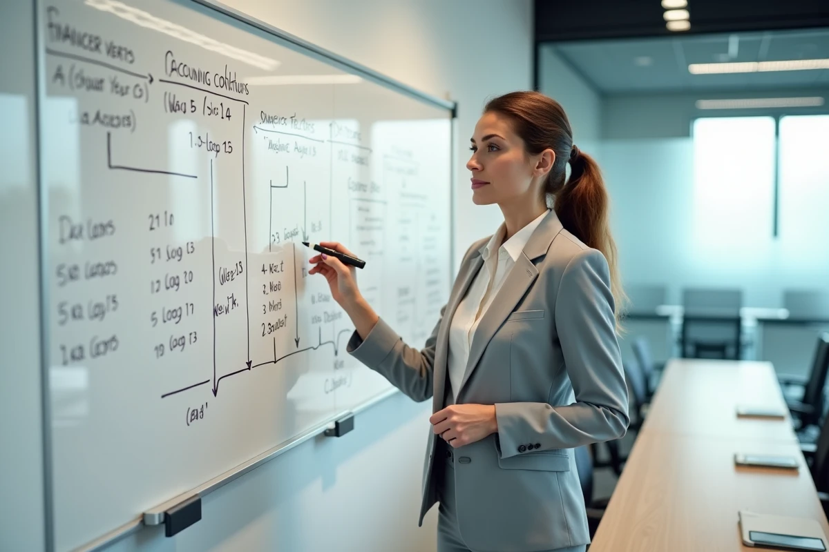 Consultante financière expliquant un calendrier de clôture décalée sur un tableau blanc dans une salle de réunion moderne