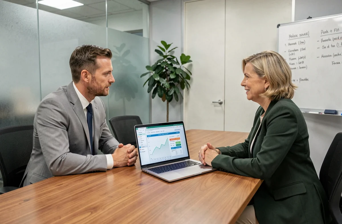 Deux professionnels discutant des options d'assurance professionnelle autour d'une table de réunion avec un ordinateur portable