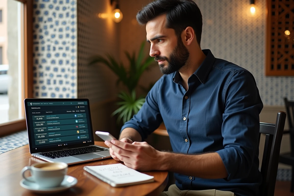 Homme consultant un comparateur de taux dirham-euro sur ordinateur portable dans un café marocain