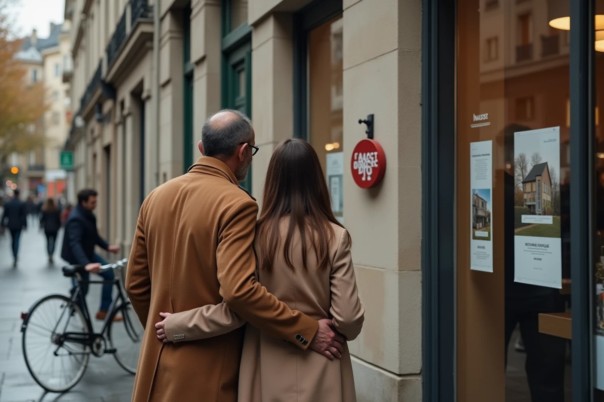 Couple regardant des annonces immobilières dans la vitrine d'une agence immobilière dans une rue parisienne en automne