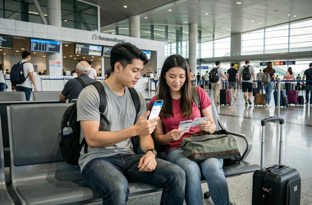 Couple de voyageurs vérifiant leur assurance voyage sur smartphone avant un départ pour la Thaïlande
