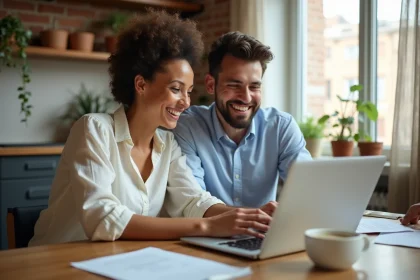 Couple de futurs mariés consultant une cagnotte en ligne pour leur cadeau de mariage sur un ordinateur portable à la maison