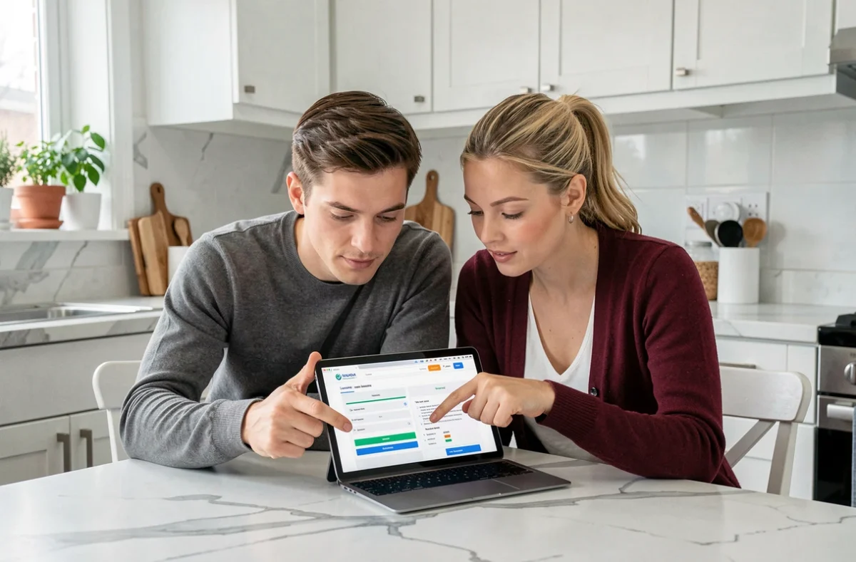 Couple comparant des offres d'assurance emprunteur sur une tablette dans la cuisine