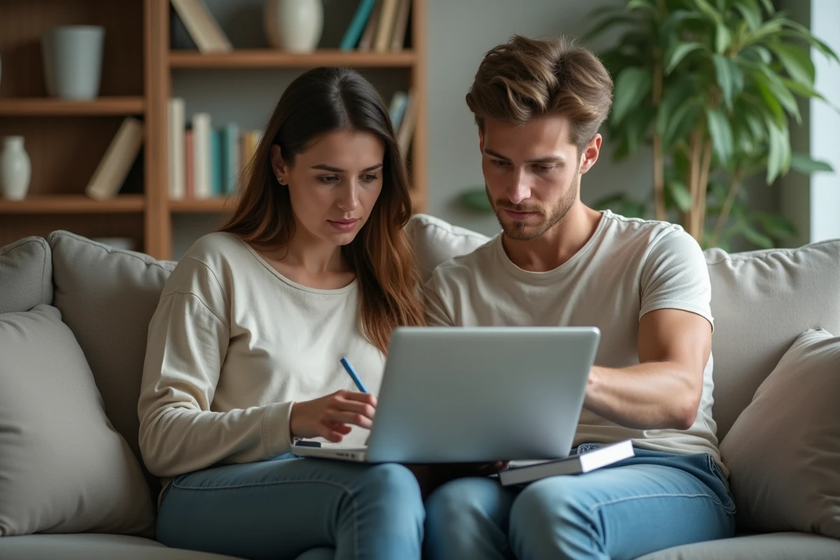 Couple comparant des organismes de crédit en ligne après un refus de prêt bancaire