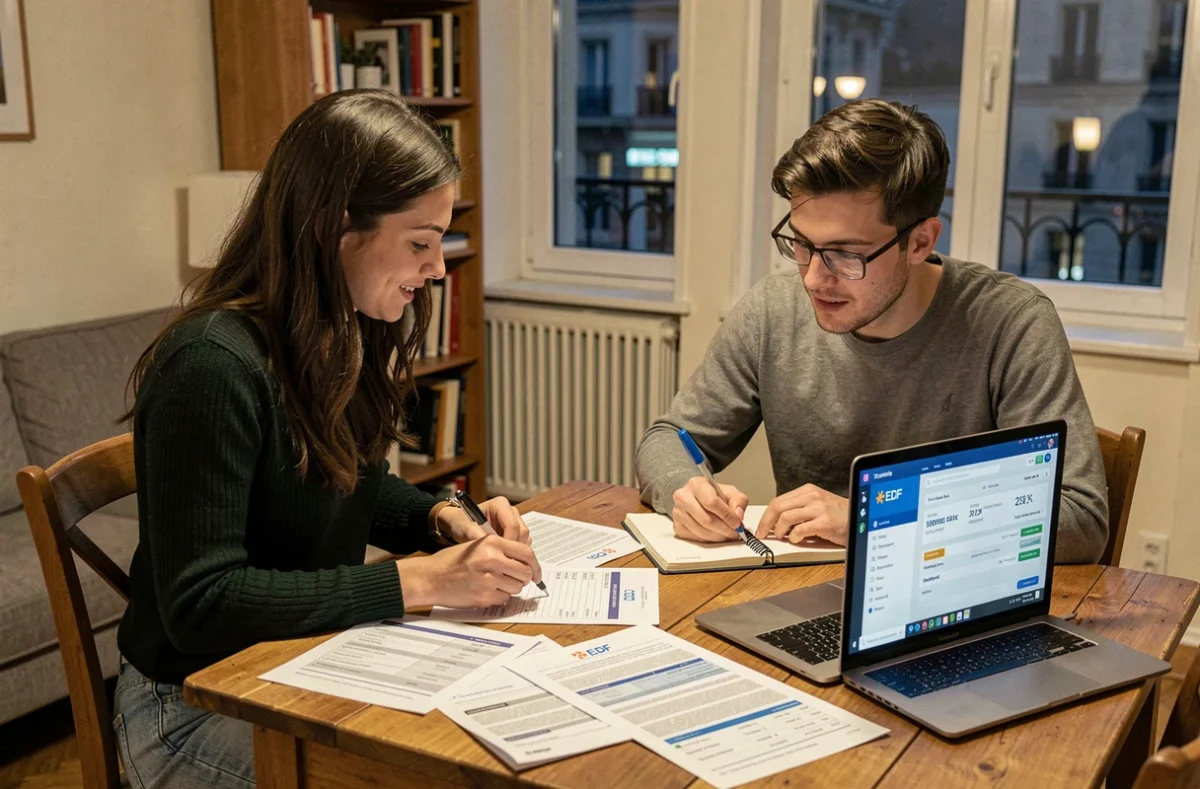 Couple comparant les offres tarifaires EDF heures creuses sur ordinateur dans un appartement parisien