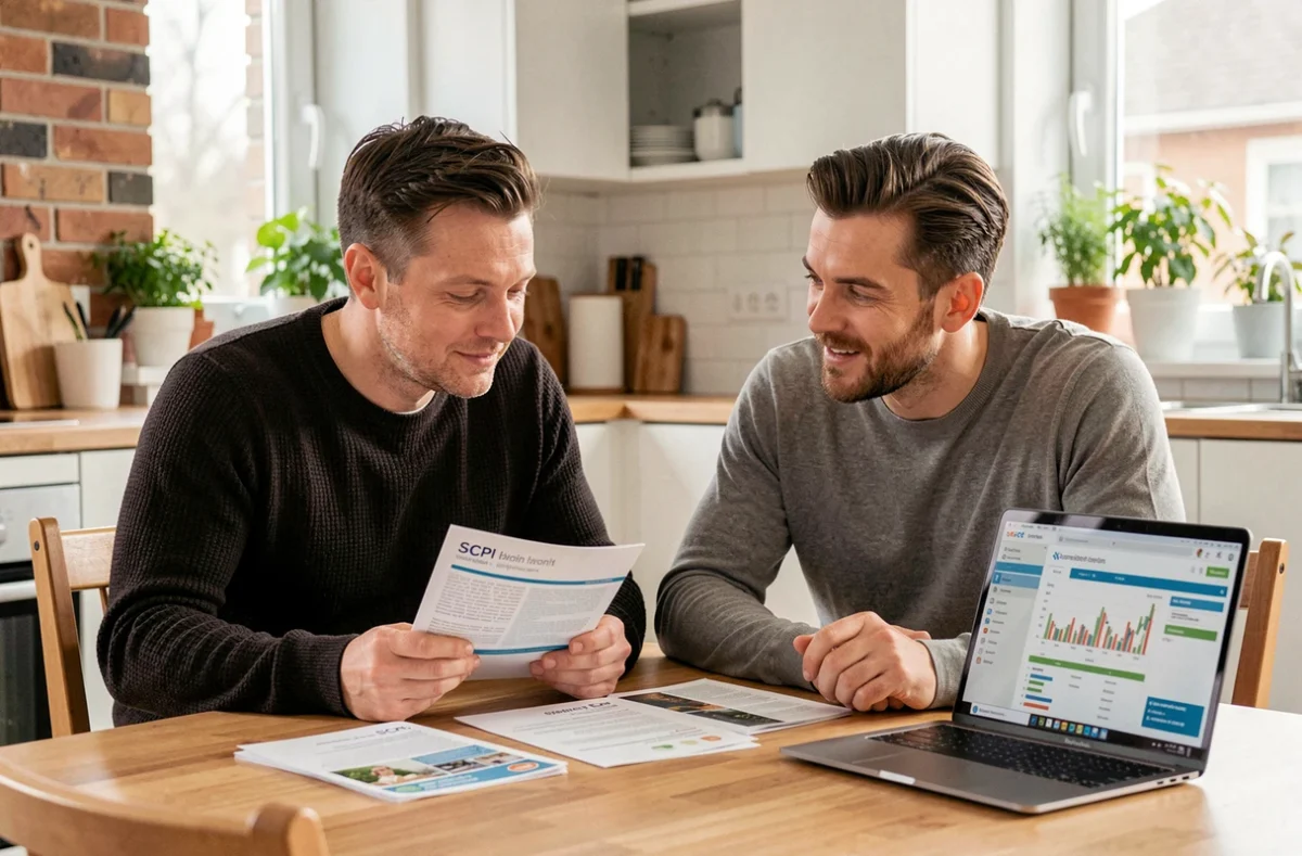 Couple discutant d'un investissement en SCPI autour de documents financiers dans une cuisine moderne