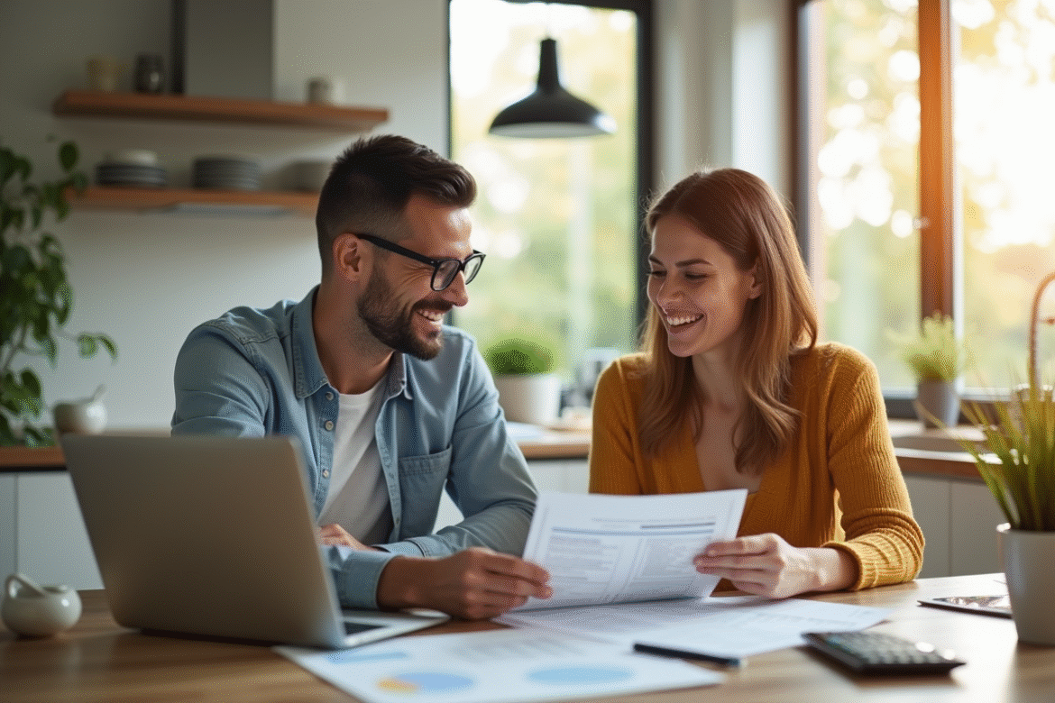 Jeune couple professionnel examinant documents financiers pour un prêt immobilier