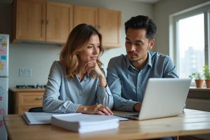 Couple d'adultes discutant finances dans une cuisine moderne