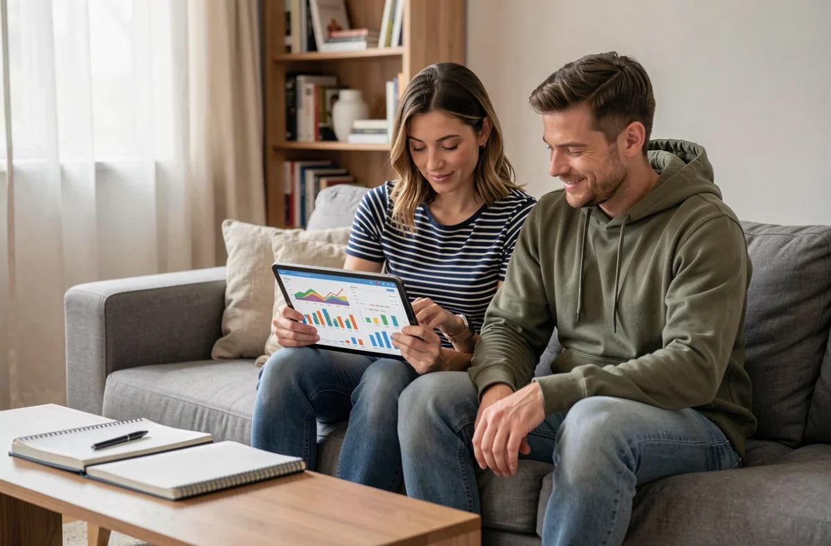 Couple détendu planifiant leurs finances ensemble sur une tablette dans un salon moderne, symbolisant la gestion budgétaire apaisée avec Econozen