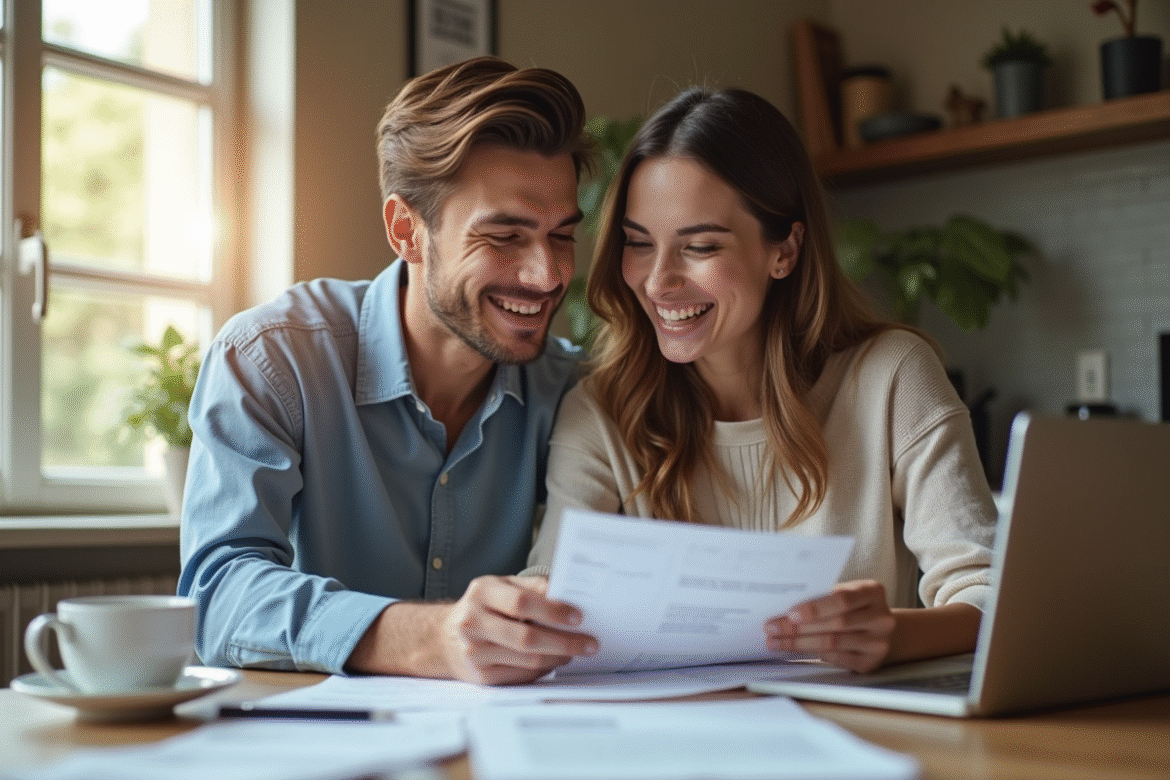 Jeune couple professionnel discutant de leurs finances à la cuisine