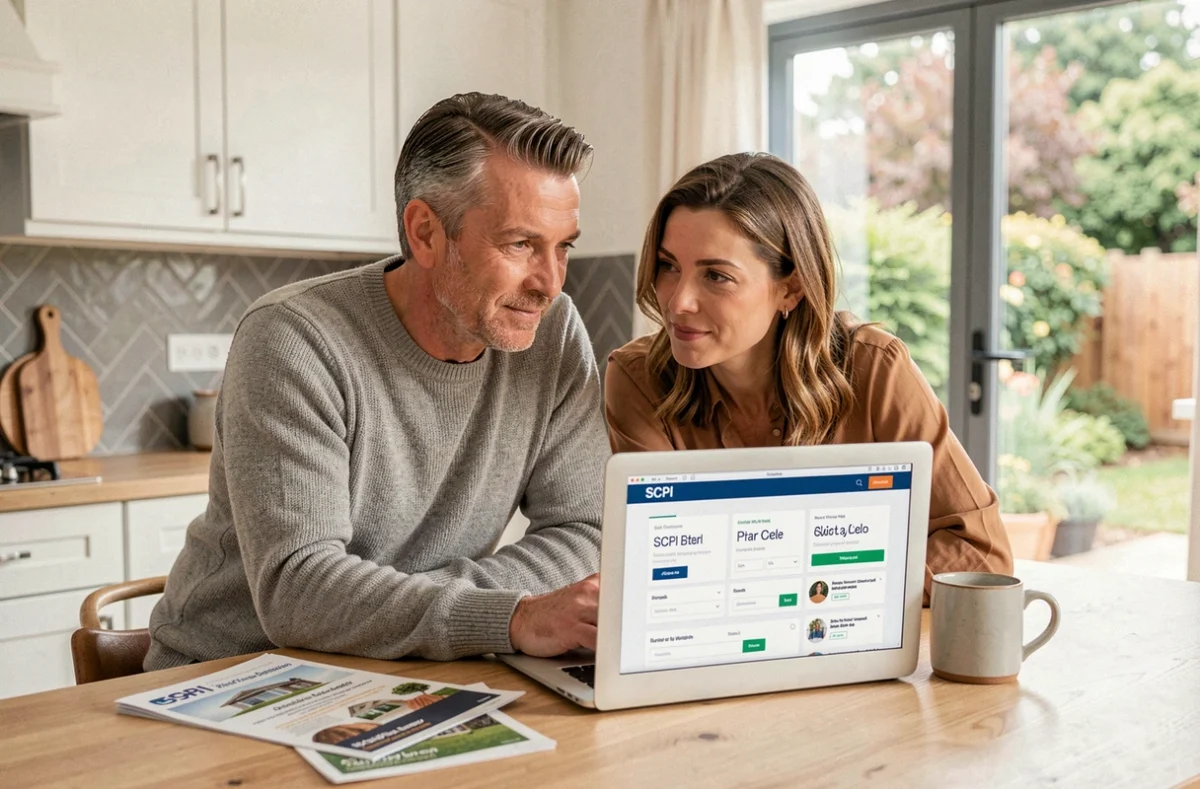 Couple d'investisseurs particuliers étudiant une souscription à une SCPI depuis leur domicile