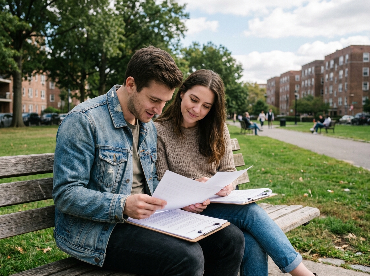Jeune couple discutant de papiers dans un parc urbain