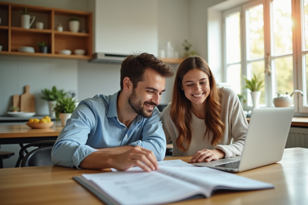 Jeune couple souriant planifiant leur retraite à la maison
