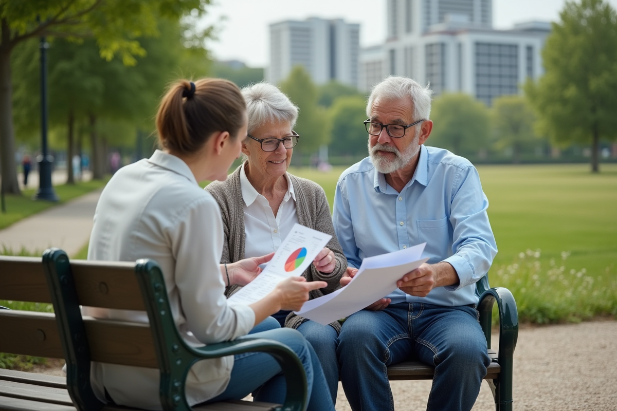 Couple retraité discutant avec conseiller en plein air