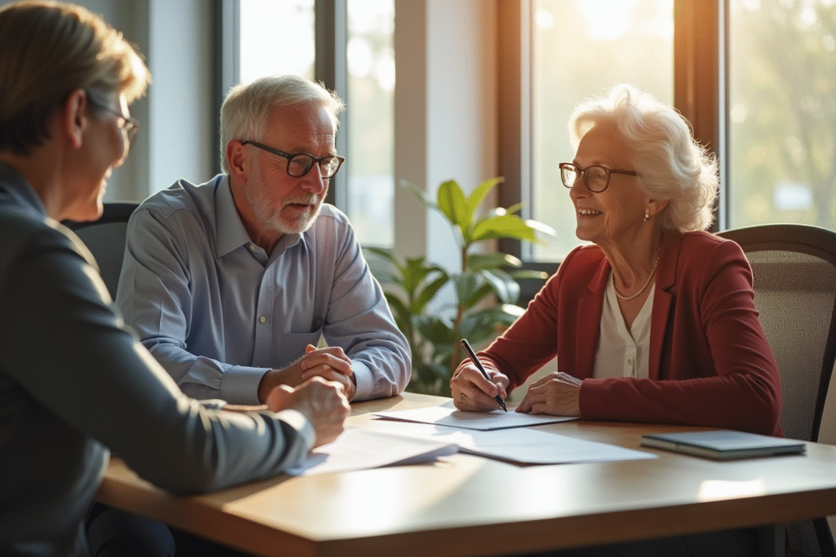 Couple senior signant un prêt immobilier avec un conseiller