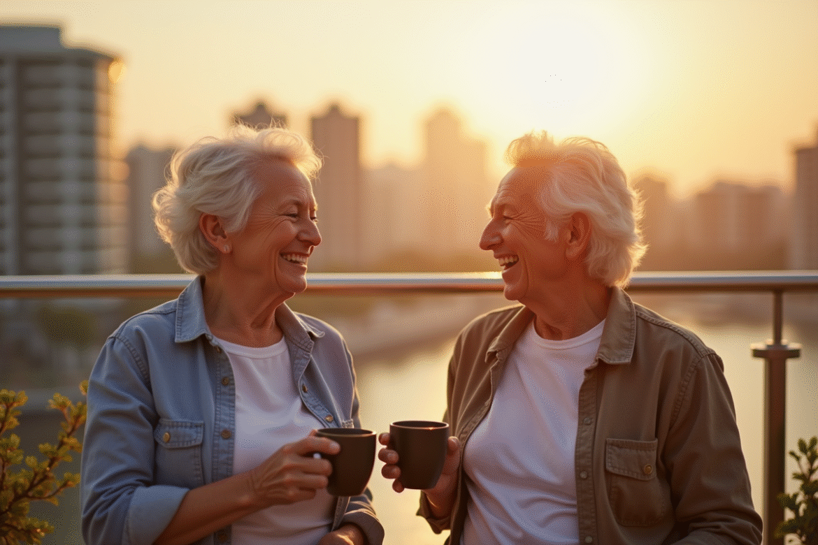 Couple senior souriant sur une terrasse en ville