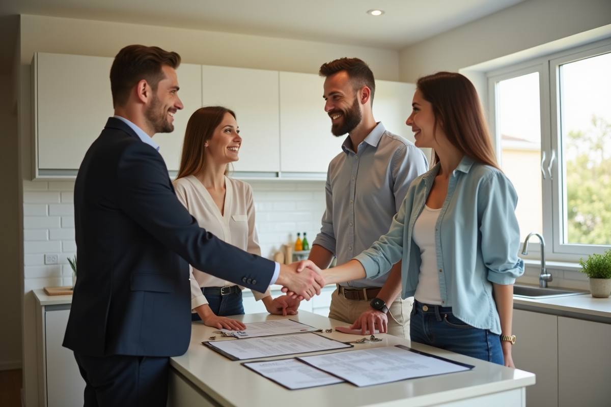 Couple souriant avec agent immobilier dans un appartement lumineux