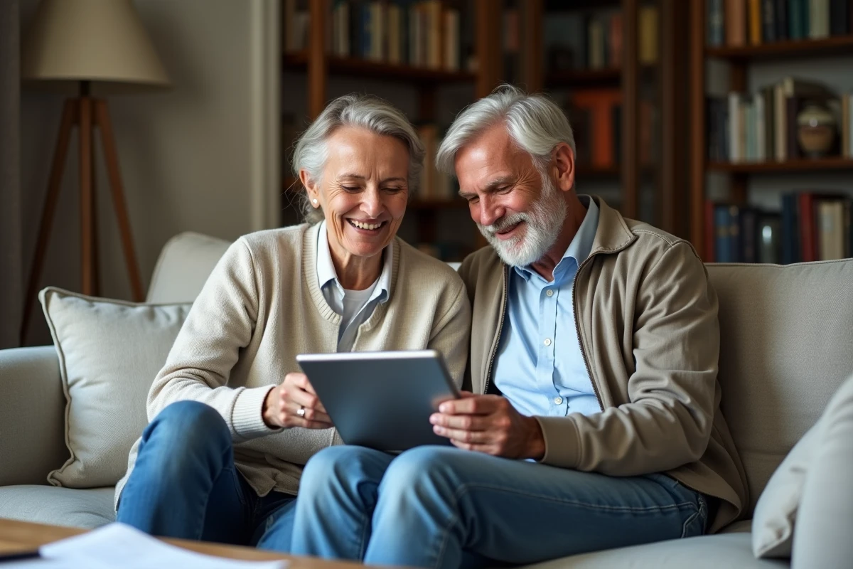 Couple consultant ensemble leur compte bancaire en ligne sur une tablette dans un salon confortable