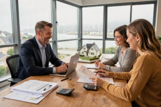 Courtier en crédit immobilier breton conseillant un couple pour leur projet d'achat immobilier dans une agence moderne