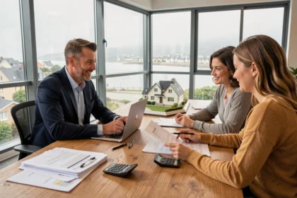 Courtier en crédit immobilier breton conseillant un couple pour leur projet d'achat immobilier dans une agence moderne