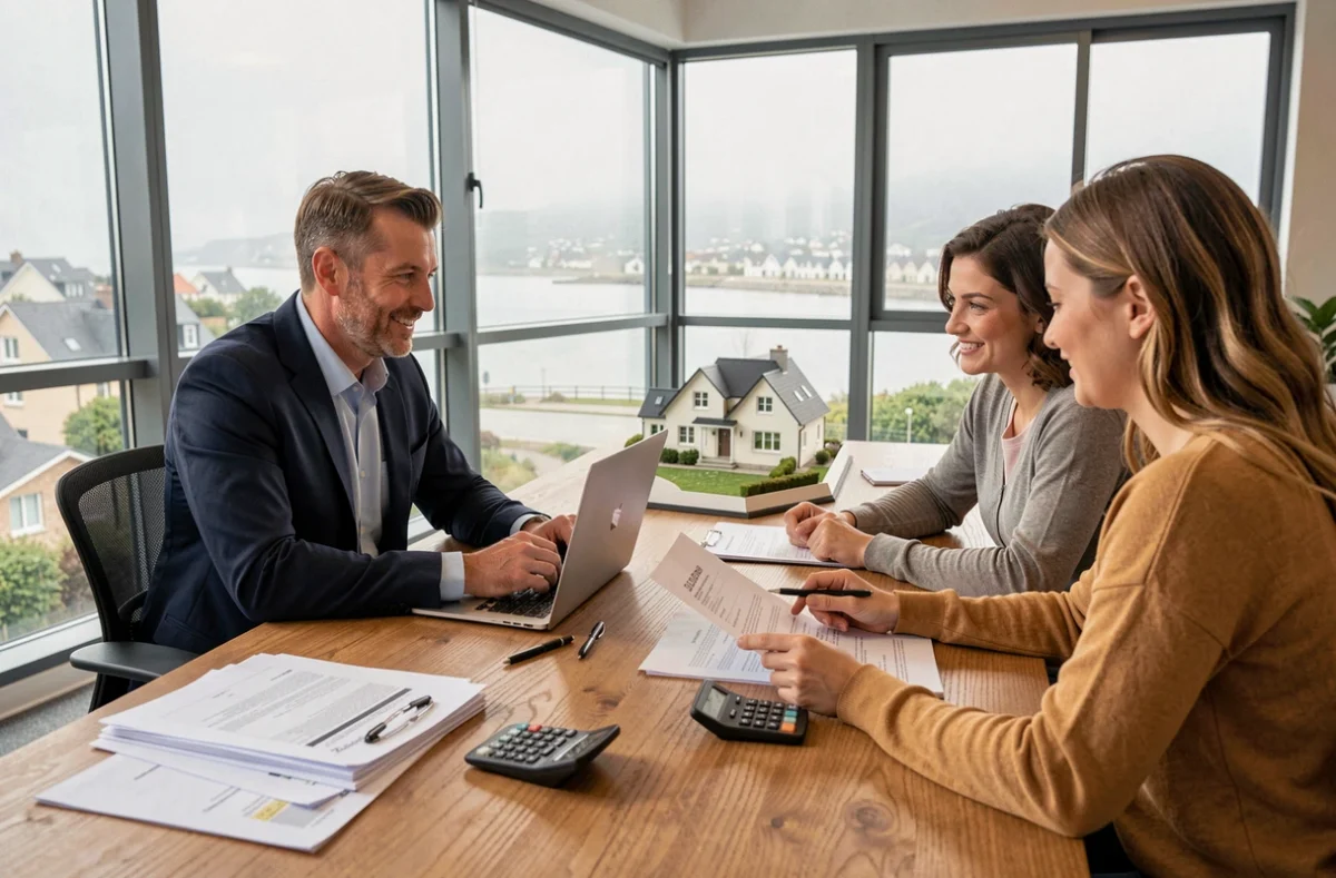 Courtier en crédit immobilier breton conseillant un couple pour leur projet d'achat immobilier dans une agence moderne