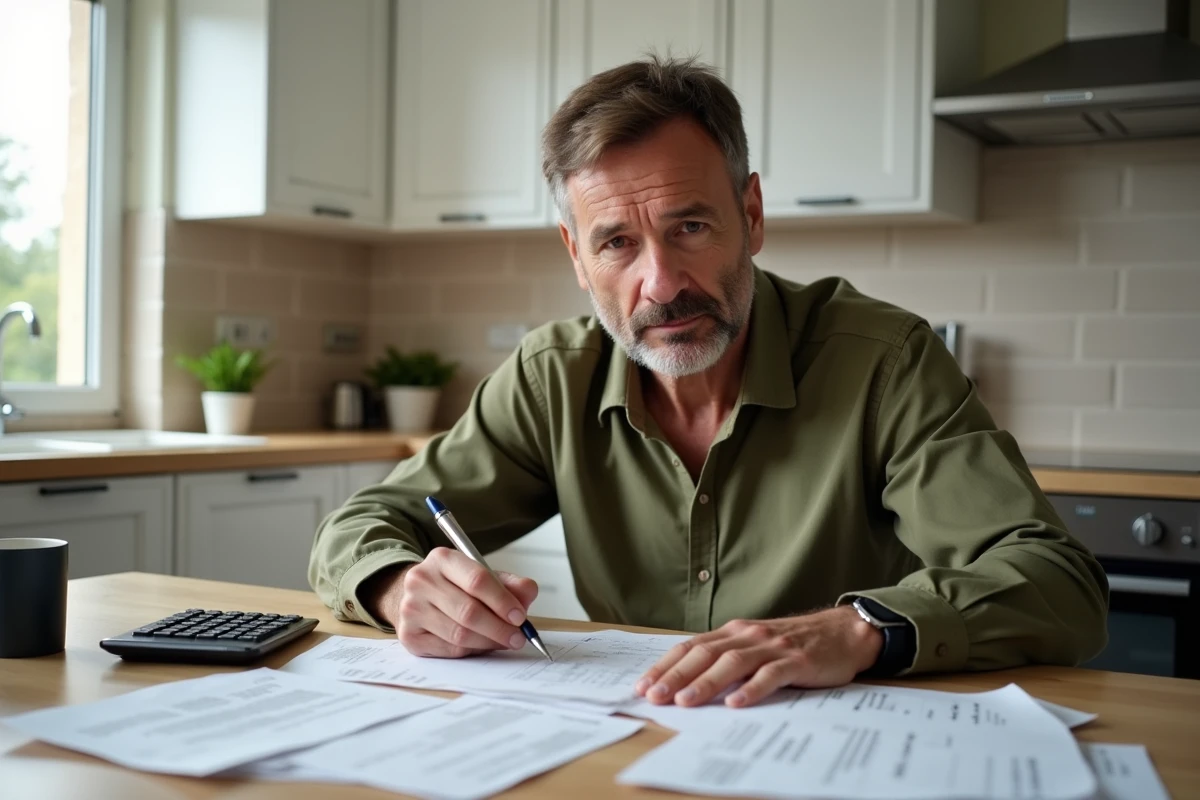 Homme remplissant sa déclaration de frais kilométriques réels sur papier avec reçus et calculatrice