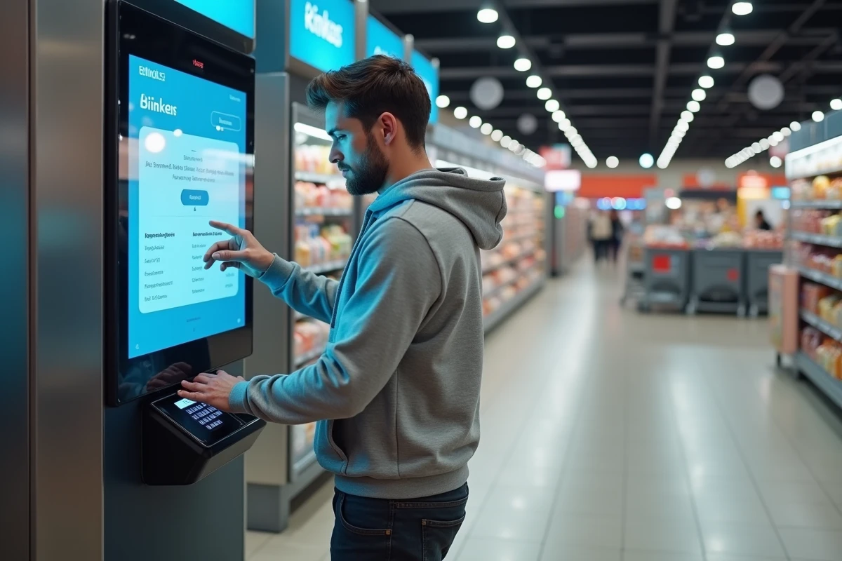 Homme effectuant un dépôt d'espèces sur une borne en supermarché pour son compte Nickel