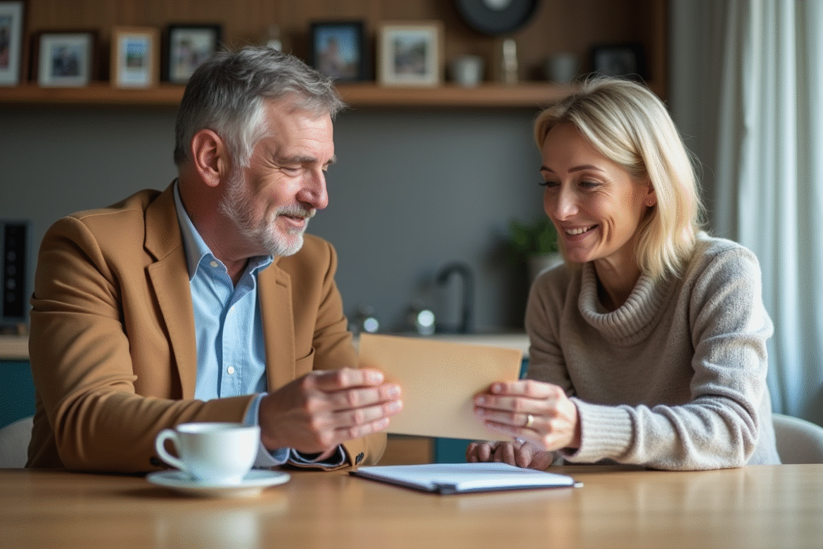 Un couple échange un courrier dans une cuisine chaleureuse