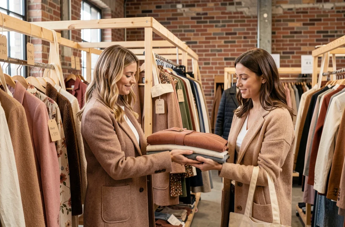 Deux femmes échangeant un manteau vintage dans un marché de seconde main illustrant la sécurité des transactions Vinted via Mangopay