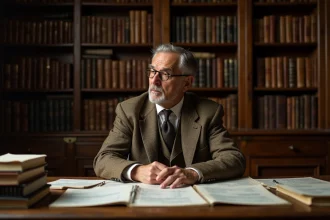 Économiste des années 1930 étudiant des graphiques keynésiens dans un bureau académique en bois avec des livres d'économie