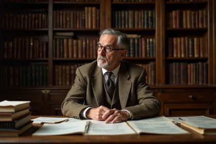 Économiste des années 1930 étudiant des graphiques keynésiens dans un bureau académique en bois avec des livres d'économie