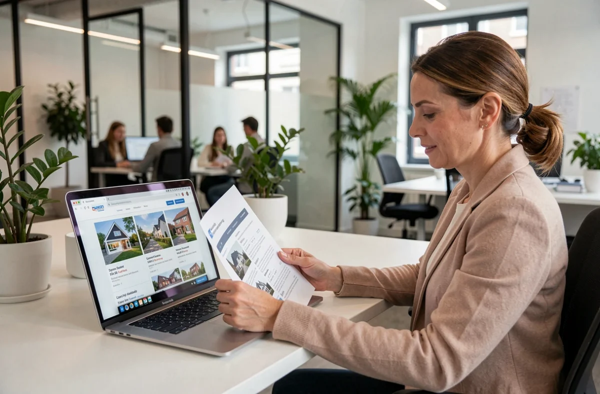 Capucine Quesnel, conseillère Efficity, analysant des annonces immobilières sur ordinateur dans un espace de travail moderne