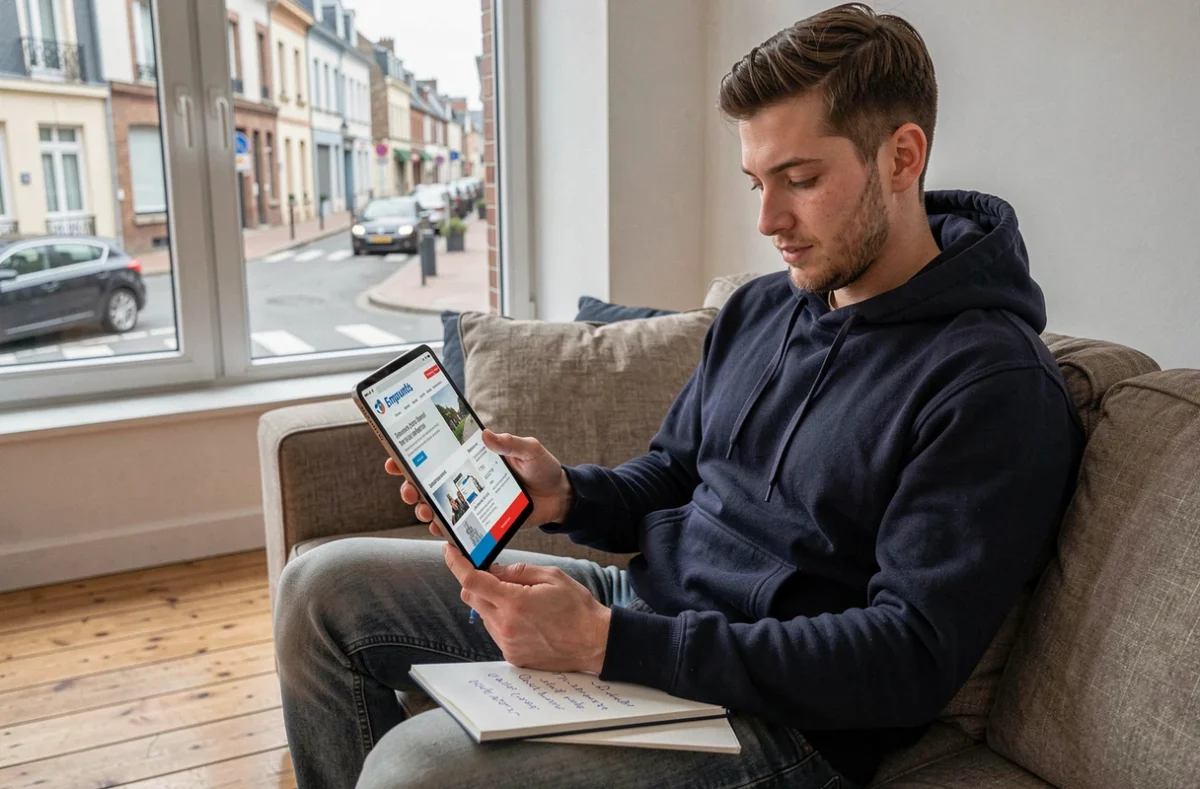 Jeune homme consultant le courtier en ligne Empruntis sur une tablette depuis son appartement en Bretagne
