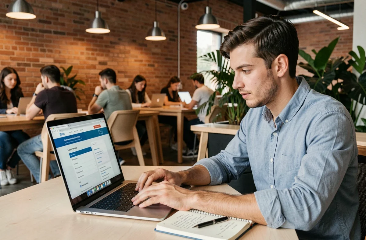 Jeune entrepreneur comparant des formules d'assurance professionnelle sur son ordinateur portable dans un espace de coworking