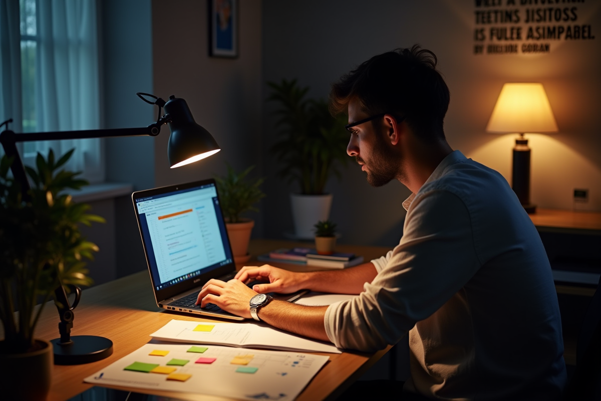 Entrepreneur travaillant tard sur un ordinateur portable à son bureau