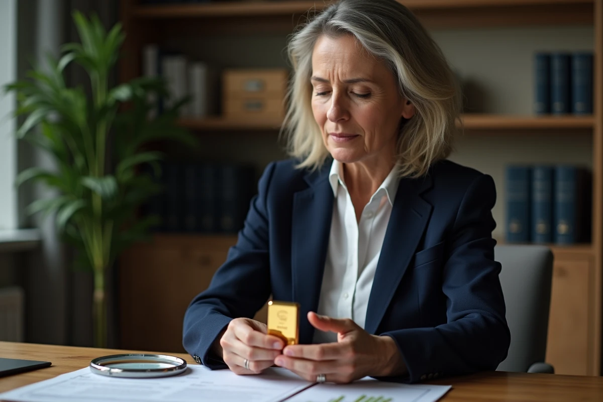 Femme d'âge mûr examinant un lingot d'or de 250g à son bureau avec des documents financiers