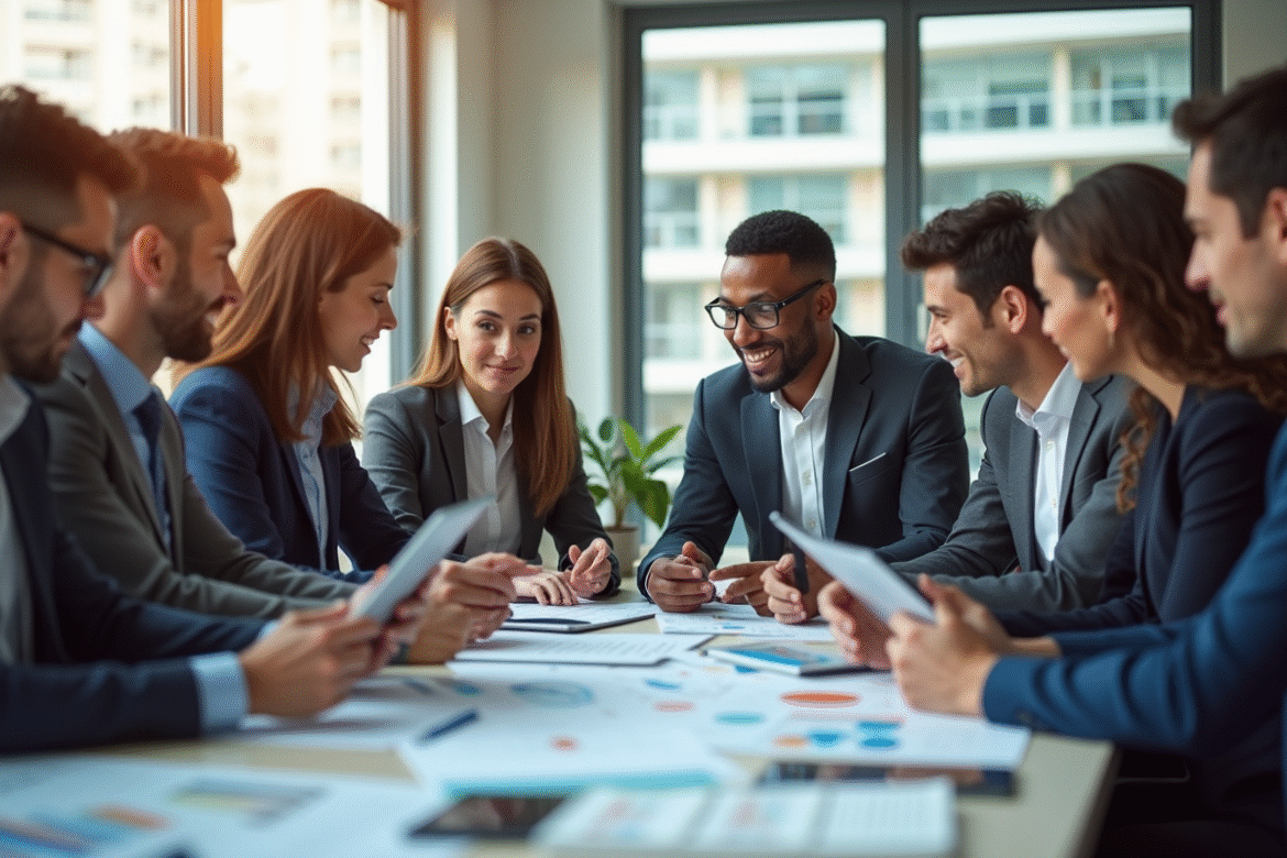Groupe de professionnels en réunion dans un bureau lumineux