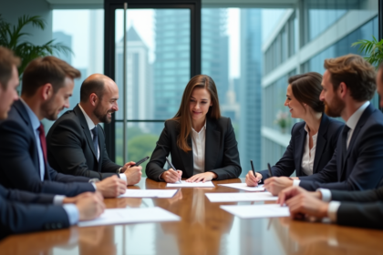 Groupe de professionnels signant un contrat dans une salle moderne