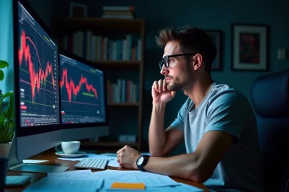 Joueur frustré devant des graphiques boursiers en baisse sur son écran d'ordinateur, illustrant les erreurs de gestion en bourse dans GTA 5
