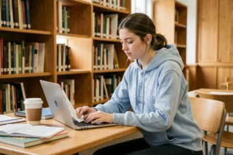 Jeune étudiante ouvrant un compte bancaire CIC sur son ordinateur portable dans une bibliothèque universitaire