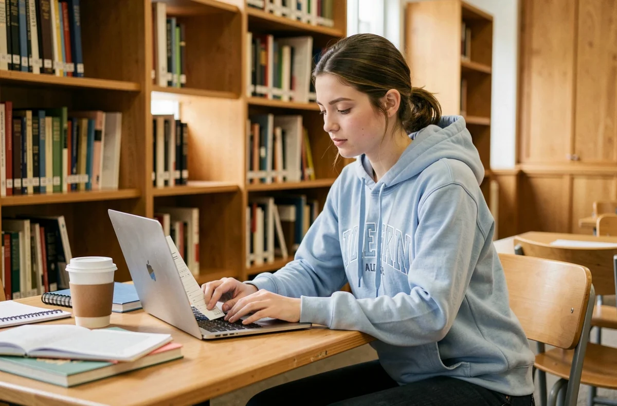 Jeune étudiante ouvrant un compte bancaire CIC sur son ordinateur portable dans une bibliothèque universitaire