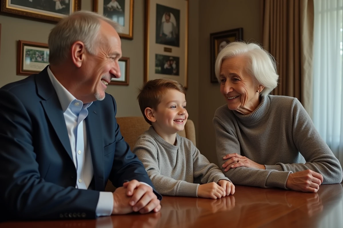 Famille de trois générations autour d'une table élégante