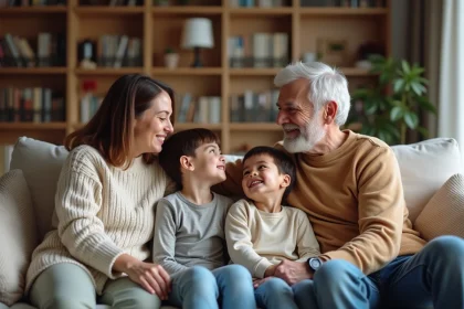 Famille multigenerations souriante dans le salon chaleureux