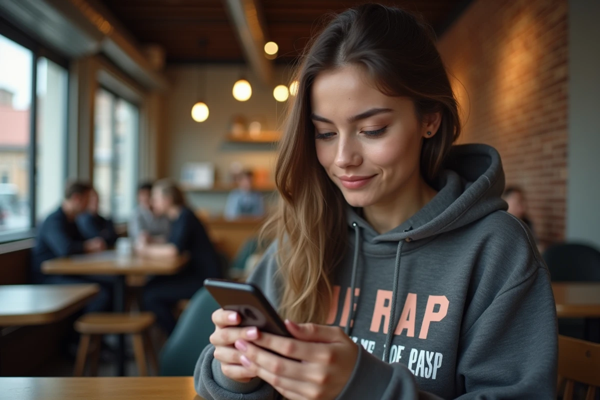 Jeune femme fan de Zeus Milliardaire consultant son smartphone dans un café moderne, exprimant une admiration nuancée