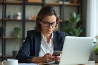 Femme d'affaires utilisant une application bancaire sur smartphone